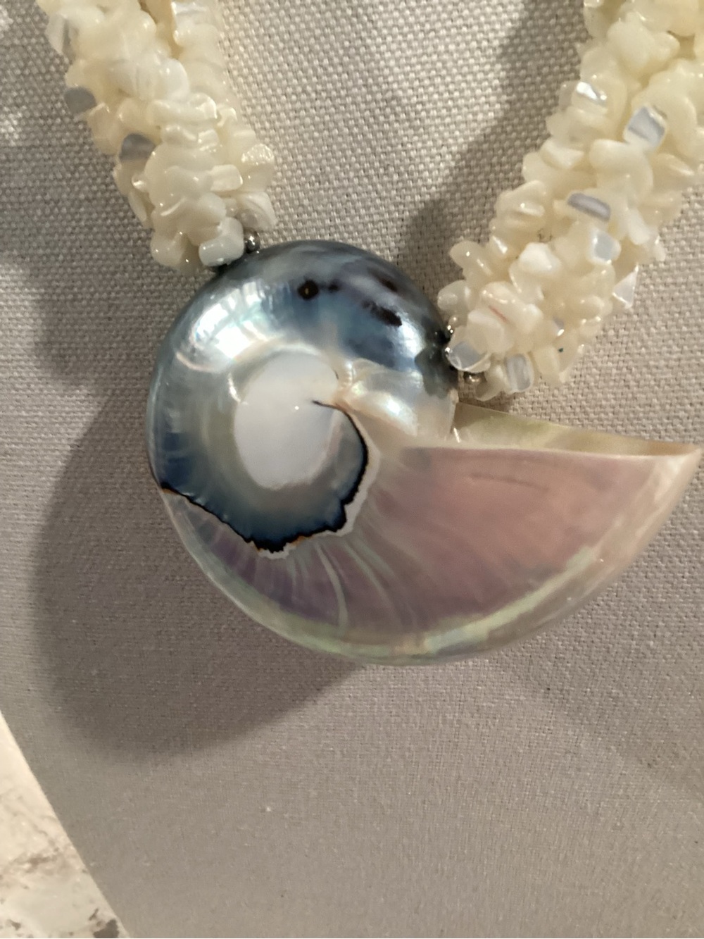 Vintage Handmade Iridescent Nautilus Pendant Multistrand Necklace & Earring set - Picture 3 of 6